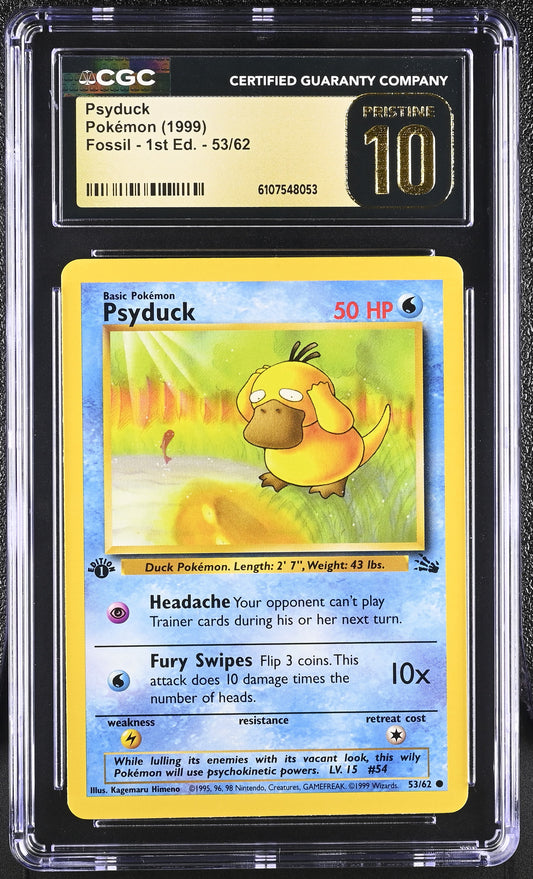 CGC PRISTINE 10 Pokemon Psyduck 53/62 1999 Fossil 1st Edition